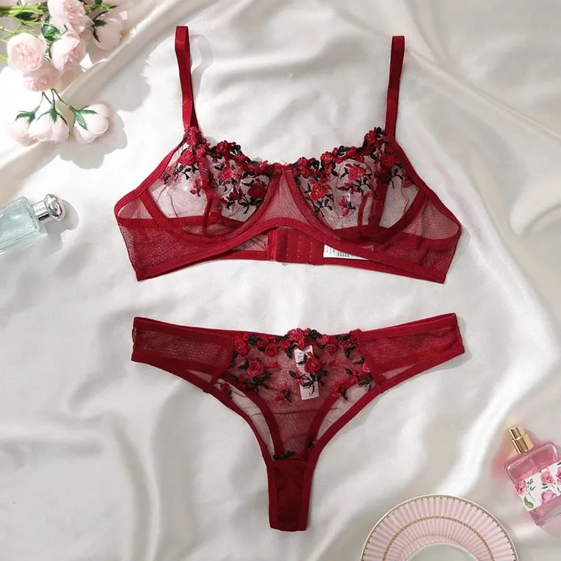 Conjunto de sujetador y bragas de lencería de encaje sexy, ropa interior para mujer, conjunto de Bralette con bordado de flores