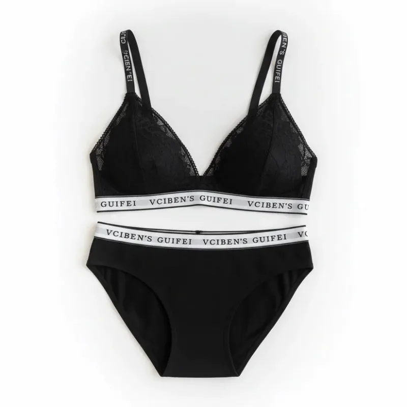 Bra Suit Letter Design Lingerie Set Lace Deep V Women Underwear Suit Wireless Color Blocking Bra Panties Set Daily
