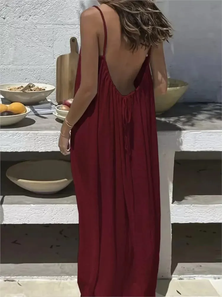2026 Summer New Casual Seaside Vacation Women Long Skirt Fashionable Solid Color Sexy Suspender Backless Loose Dress Large Size