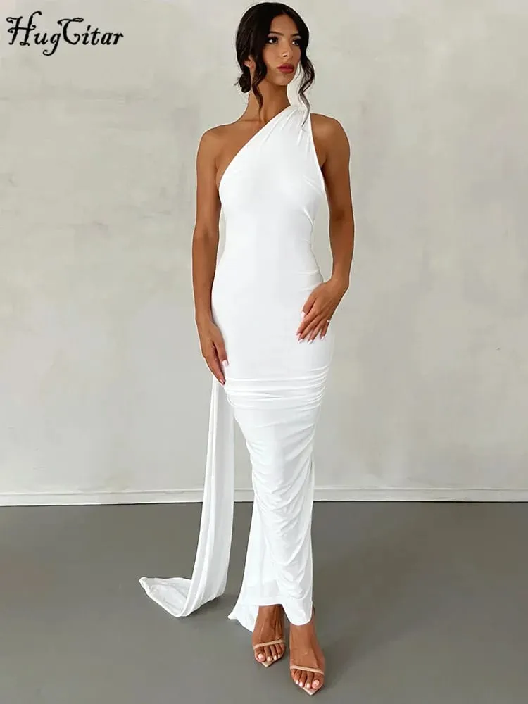 Hugcitar One Shoulder Backless Adjustable Scarf Loop Ruched Sexy Maxi Dress Women Elegant Y2K Streetwear Festival Outfit