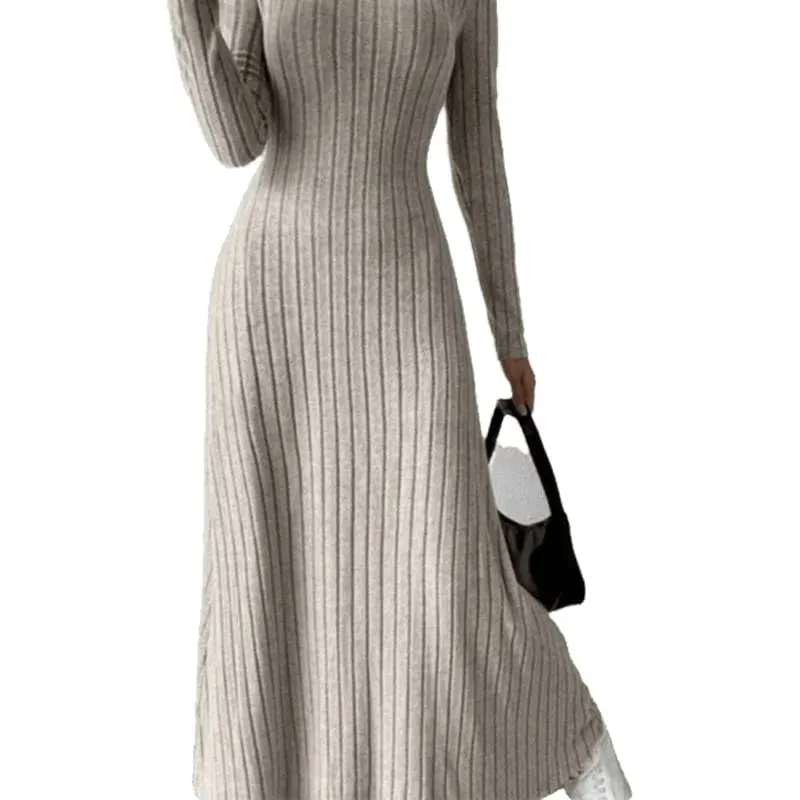 Fashionable Knitted Long Sleeve A-Line Dress Slim Fit Solid Color Street Style Women's Dress Comfortable Casual Elegant Commute