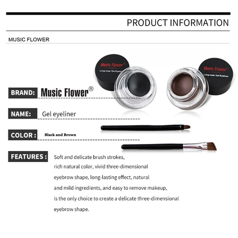 Music Flower 2 IN 1 Two-color Eyeliner Gel Set Black & Coffee Waterproof 3D Long Lasting Smudge Proof Eye Makeup Cosmetic Kit