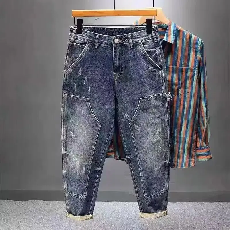 Heavy Trendy 2025 Brand Tooling Multi-pocket Jeans Men's Trend Loose Retro Small Feet Harlan Patchwork Cargo Straight Pants