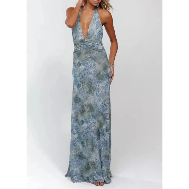 Combhasaki Women Summer Sleeveless Tie-up Halter Deep V-Neck Backless Flower/Dots Print Ruffle Hem Mesh Ruched A-line Long Dress