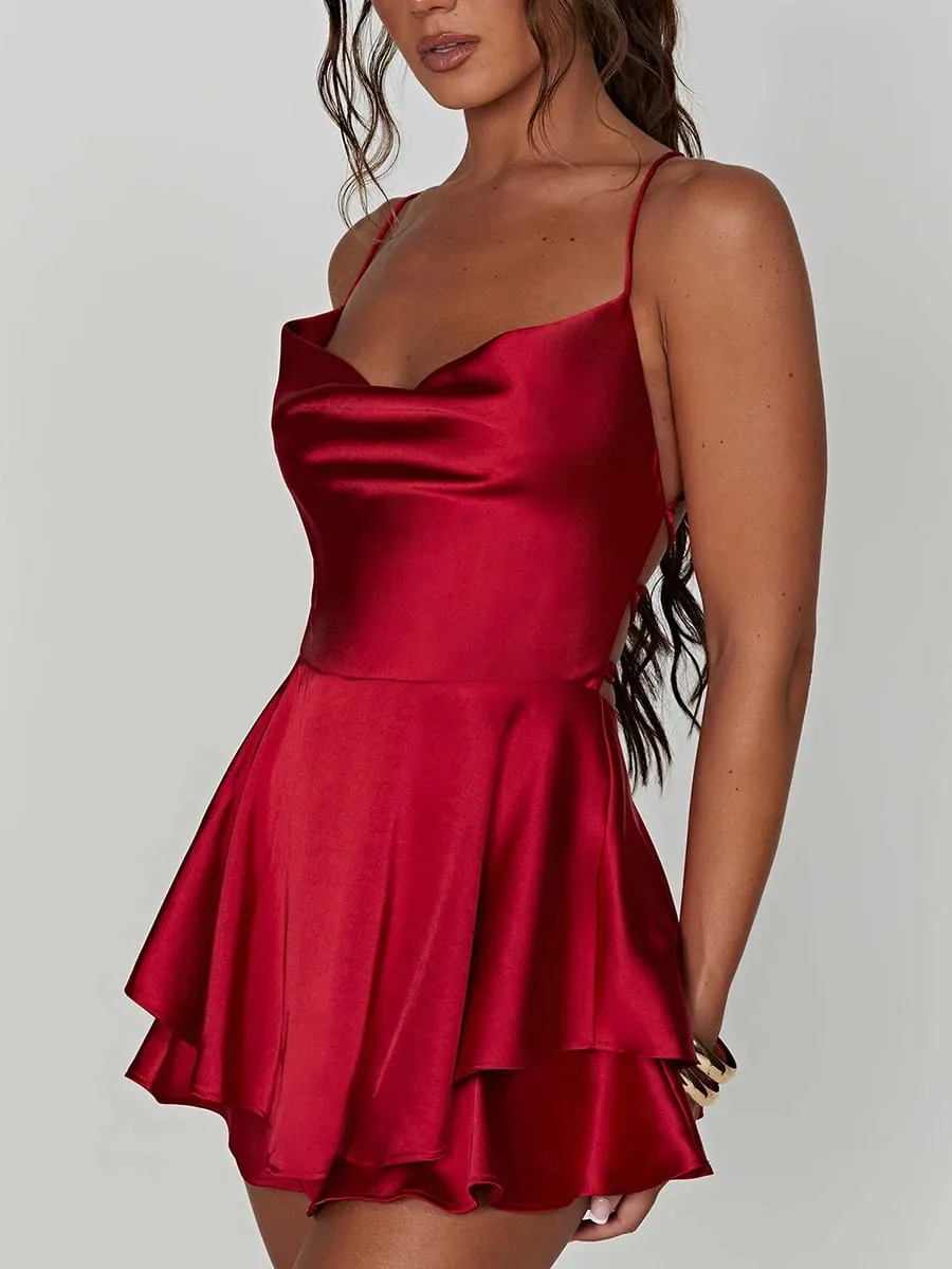 Pakaian Permainan Cami Seksi Wanita Sutera Satin Pakaian Baju Jumpsuit Pendek Tanpa Lengan Leher Cowl Pejal Musim Panas Baju Monyet Tanpa Belakang Tie-Up Salib — image 5