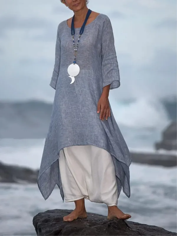 Women Irregular Leisure Loose Fitting Shirt Tunic Pullover Blouse Baggy Tops Round Neck Comfy Dress