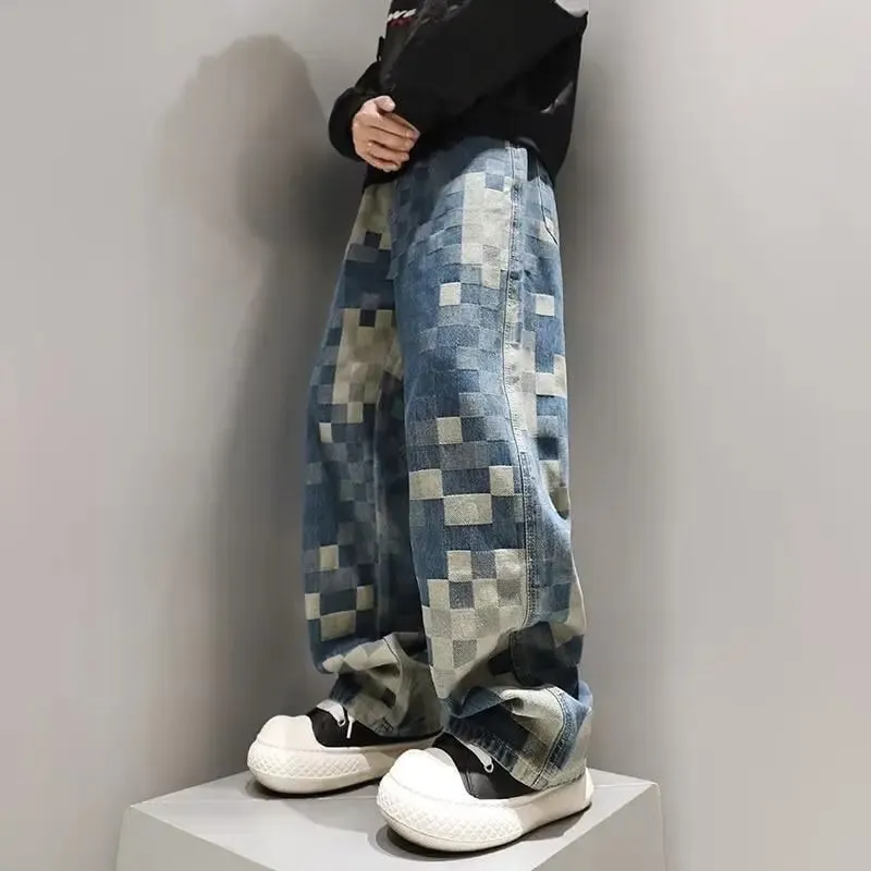 Y2k Streetwear Plaid Baggy Jeans Men Straight Wide Leg Loose Pants Fashion Hip Hop Washed Vintage Denim Pants Trousers