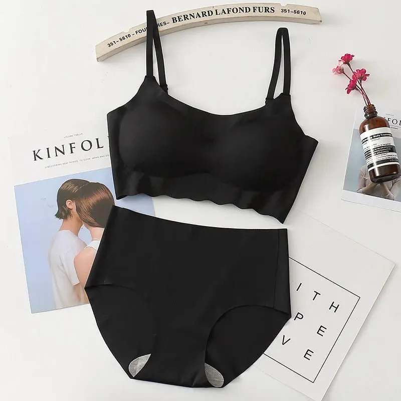 Seamless Bralette Set Strappy Camisole No Underwire Comfortable Sleep Yoga Sports Bra Panties Combo