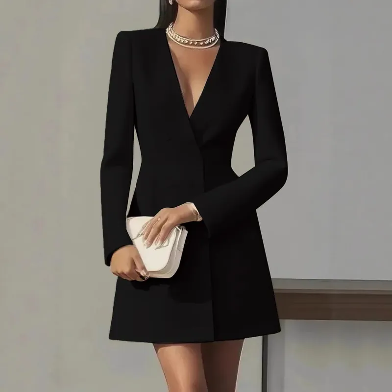 Autumn Double Breasted Solid Color V-Neck Office Suit French Long Sleeved Elegant Slim Fit Blazer Dress for Woman