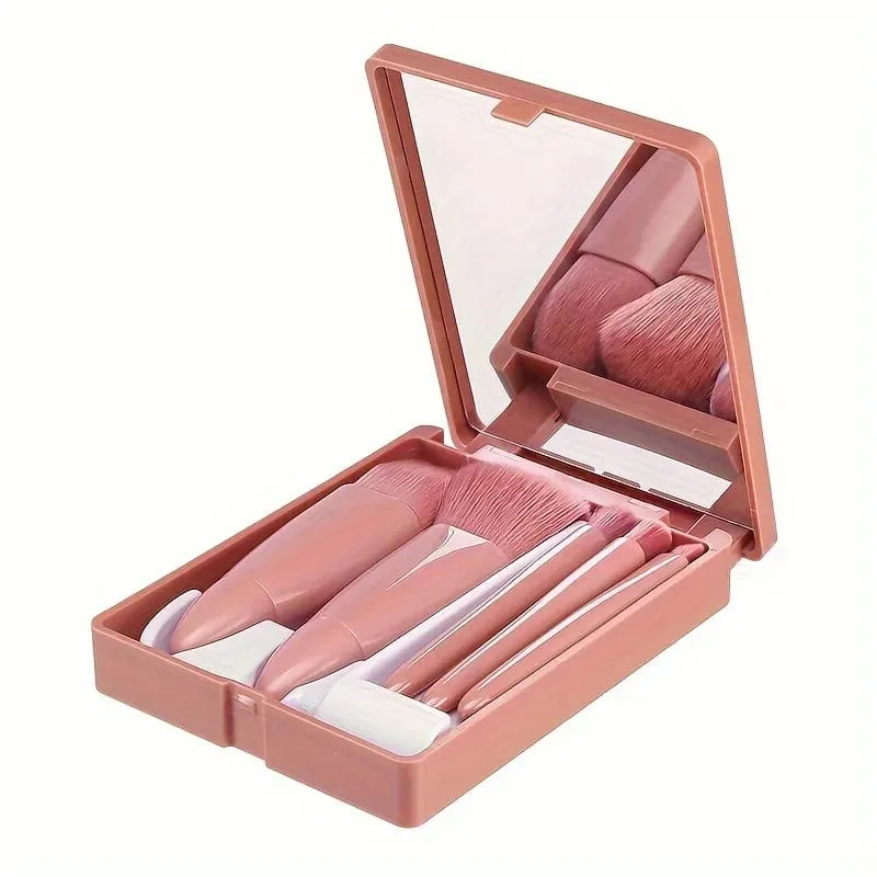 Mini 5-Piece Portable Makeup Brush Set With Mirror - Makeup Brush Travel Set Eyeshadow Brush Tool