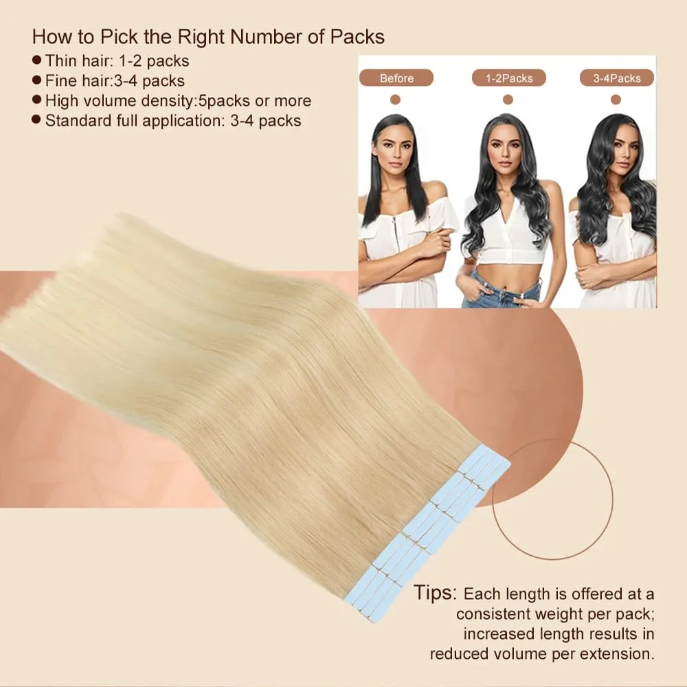 Cinta rubia en extensiones de cabello Cabello humano Platino #60 Cinta de trama de piel recta sin costuras en extensiones de cabello humano real 50G — image 5