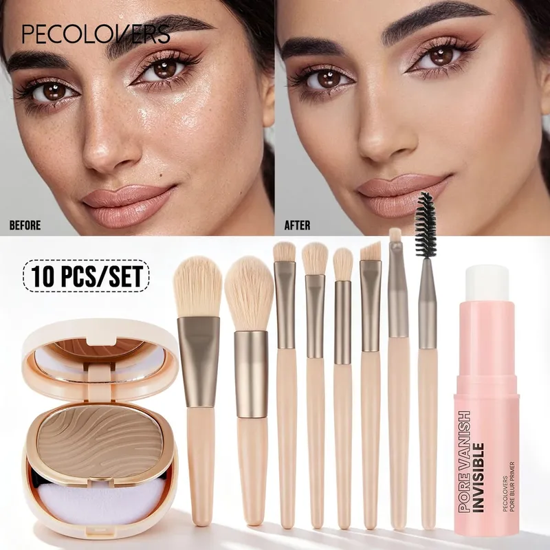 10 stuks alles-in-een basis make-upkit poriënminimaliserende primer stick mat setting poeder en 8 stuks professionele make-up kwastenset — image 2