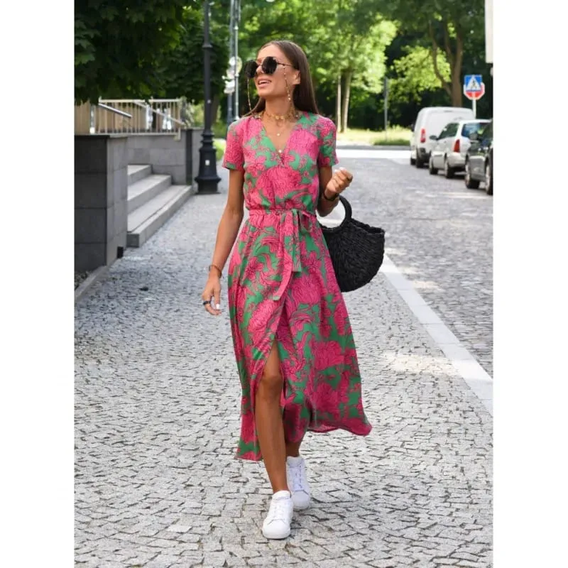 Printed Dress 2025 Summer V-neck Split Fork Medium and Long Group European and American Cross-border Women's Clothing — image 3