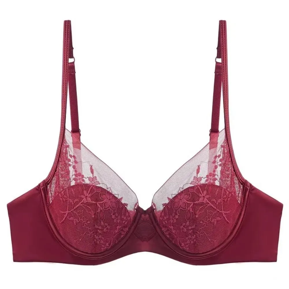 Red Lace Lingerie Set Thin Cup Minimizer Bra Panty Kit Comfort Intimates For Big Bust 32‑38 Festive Women Underwear