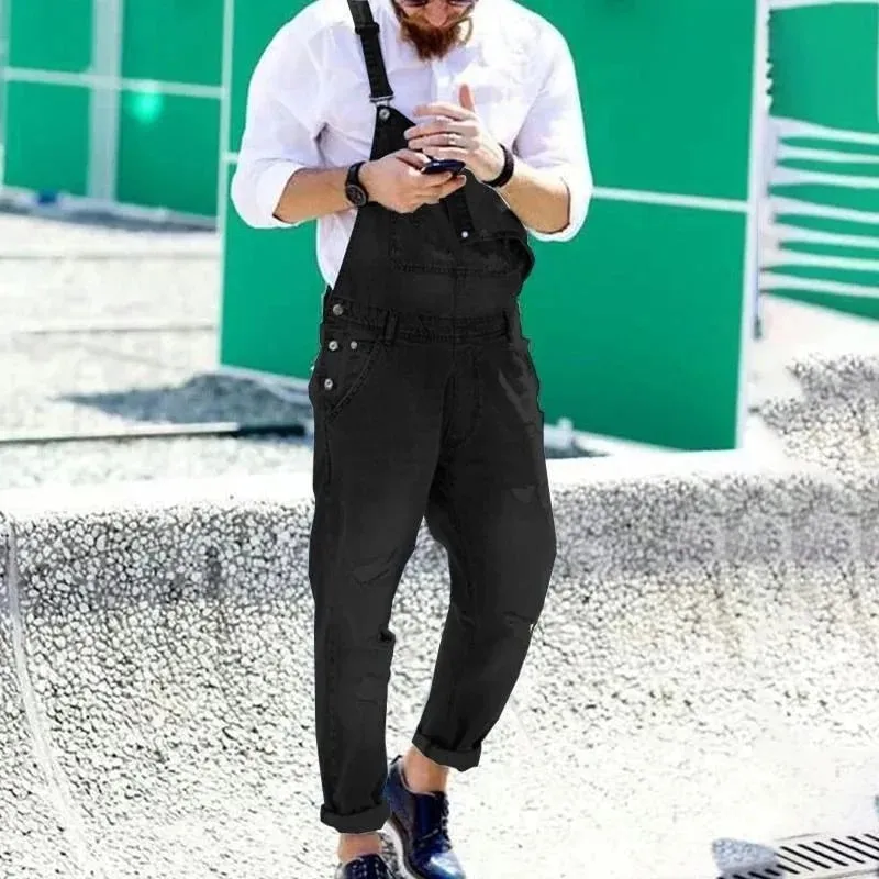 Men Jeans Overalls Washed Denim Pencil Ankle Length One Piece Hole Distressed Pockets Casual Spliced Ripped Vintage Suspenders