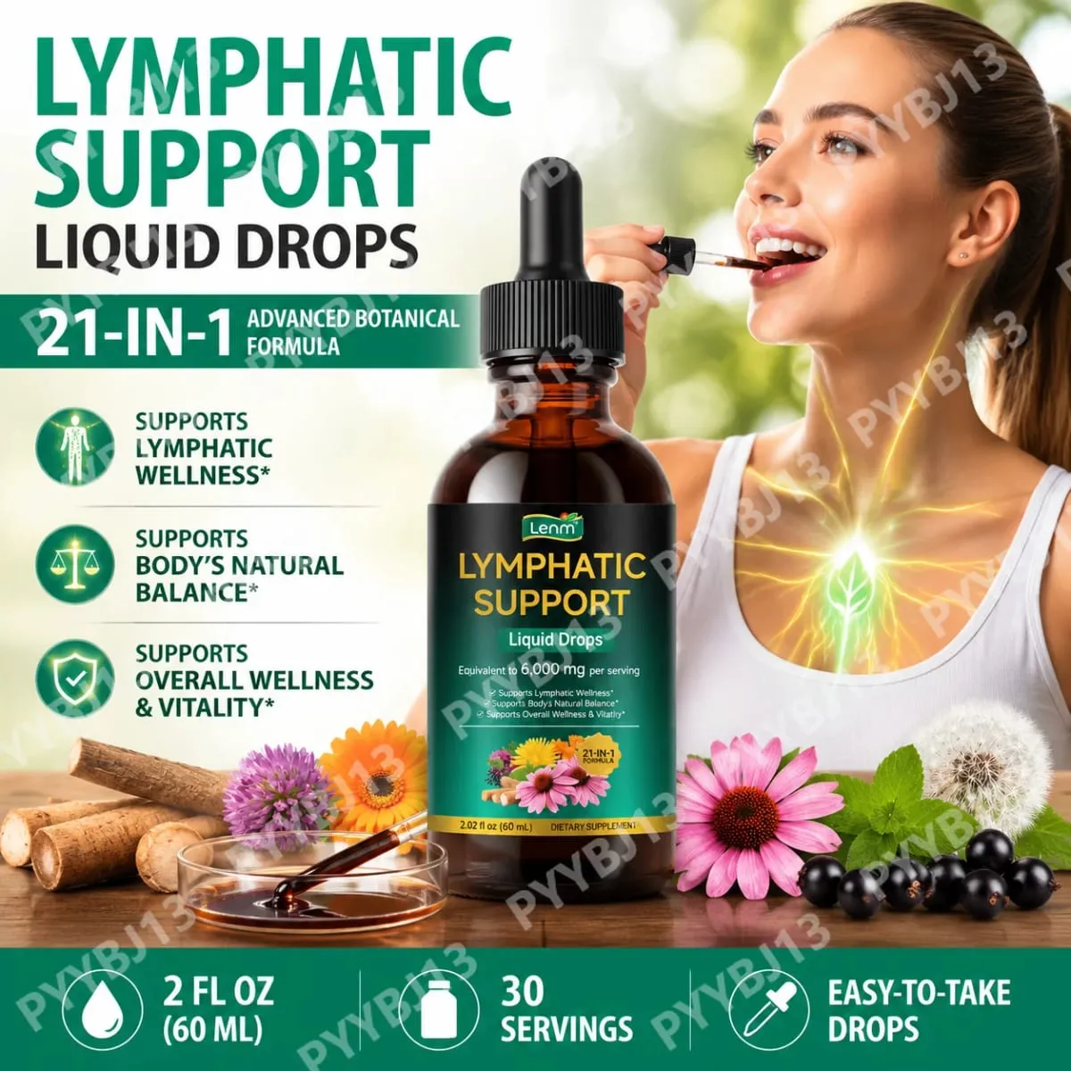 Lenm 60ml 림프 시스템 정화 면역 지원 액체 보충제 BalanceSupport를 위한 천연 유기농 림프 허브 방울