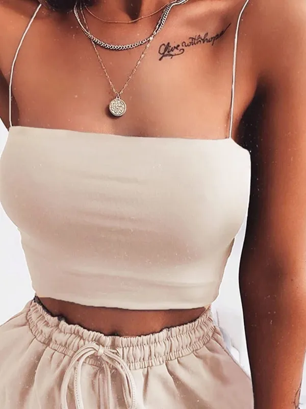 Women's Solid Halter Crop Top Sleeveless Camisole Spaghetti Strap Cami Tank Tops Tube Top Basic Bodycon Tee Sexy Fashion