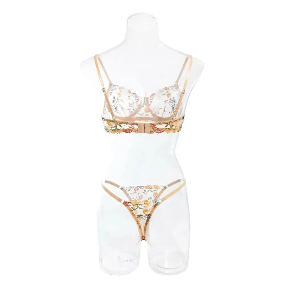 2-Piece Versatile Floral Lingerie Set Embroidery Sheer Boho Bra Panty Set Wireless Bra