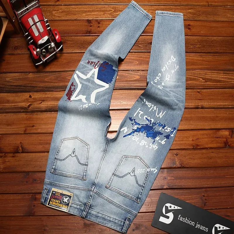 Fashionable printed jeans for men retro blue elastic slim fit small feet street fashion high-end denim casual pants