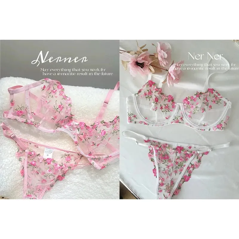 Korean Hot Lace Bra Set Floral Embroidery Transparent Mesh Ultra Thin Big Bust Modest Summer Ladies Daily Wear Underwear 32-38 — image 20