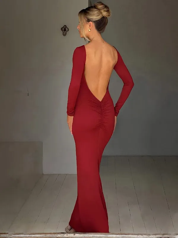 Hugcitar Spring Elegant Long Sleeve Backless Solid Cuched Sexy Bodycon Maxi Prom Dress Women Outfit Evening Party Festival Y2K — image 8