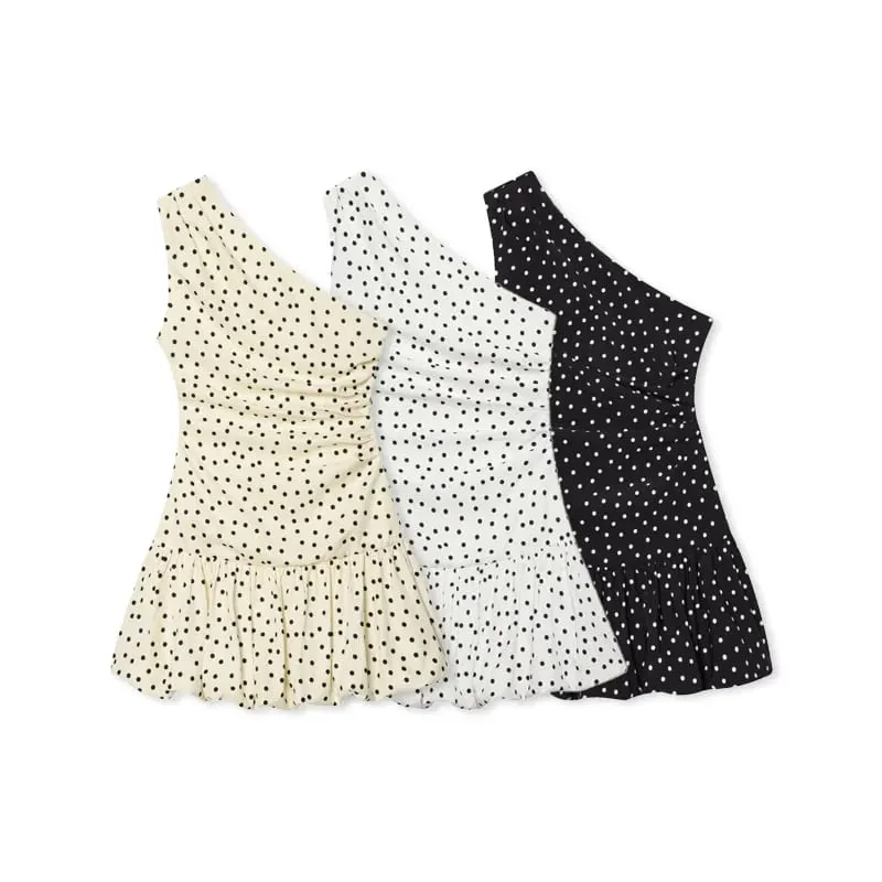Women One Shoulder Sleeveless Polka Dot Mini Dress Ruched Waist Ruffle Hem Elegant Casual Party Short Dress Spring Summer — image 2
