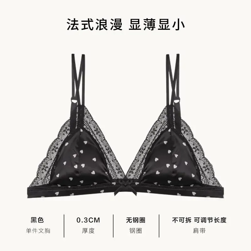French Satin Lace Triangle Bra Set Wireless Thin Cup Small Bust Push Up Lingerie Side Support Anti Sag Sexy Women Underwear S-XL — image 10