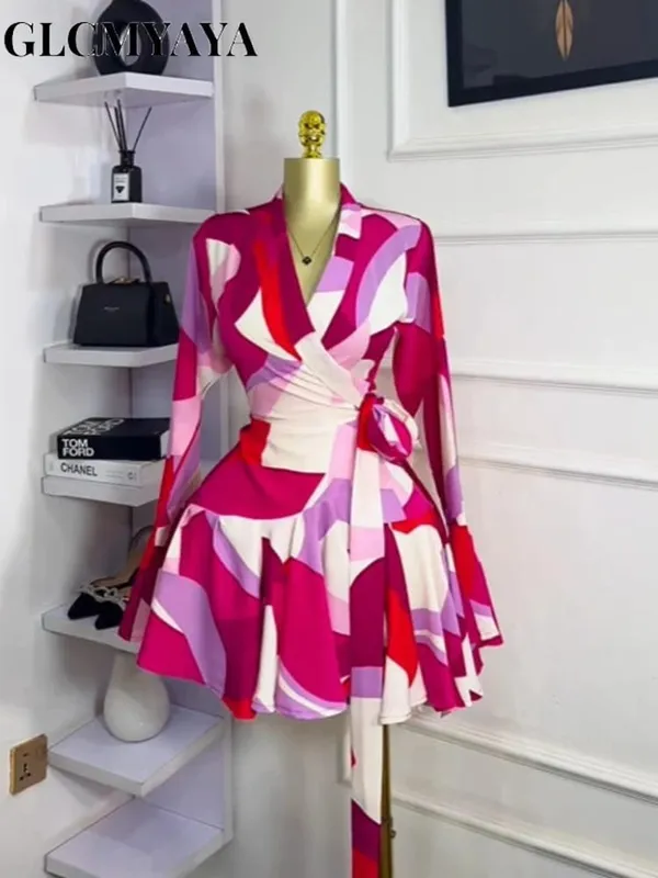 Robe portefeuille à manches longues évasée pour femmes, imprimé Tie and Dye, col en v, avec ceinture, à volants, élégante, robes de fête d'anniversaire, de vacances, 2026
