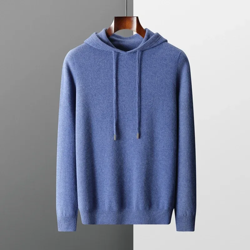 Men's 100% Merino Wool Sweater Hooded Collar Knitted Pullover Sweatshirt Autumn Winter Casual Large Tops Long Sleeved