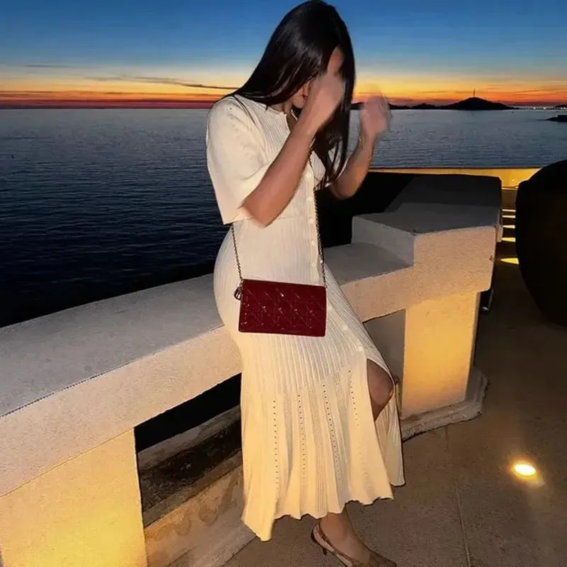 Fashion Patchwork Pleated Maxi Dress Women Elegant Ruffle Hem Knitted Long Dress Babae 2025 Bagong Summer Evening Party Vestidos