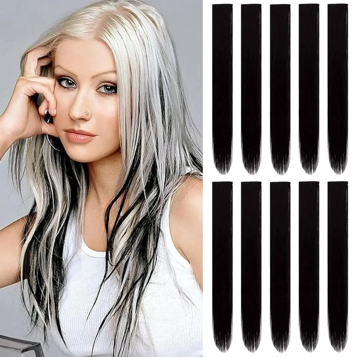 10 PCS Colored Hair Extensions Straight Hairpiece Multi-colors Party Highlights Clip in Synthetic for Women Girls Cosplay Gift