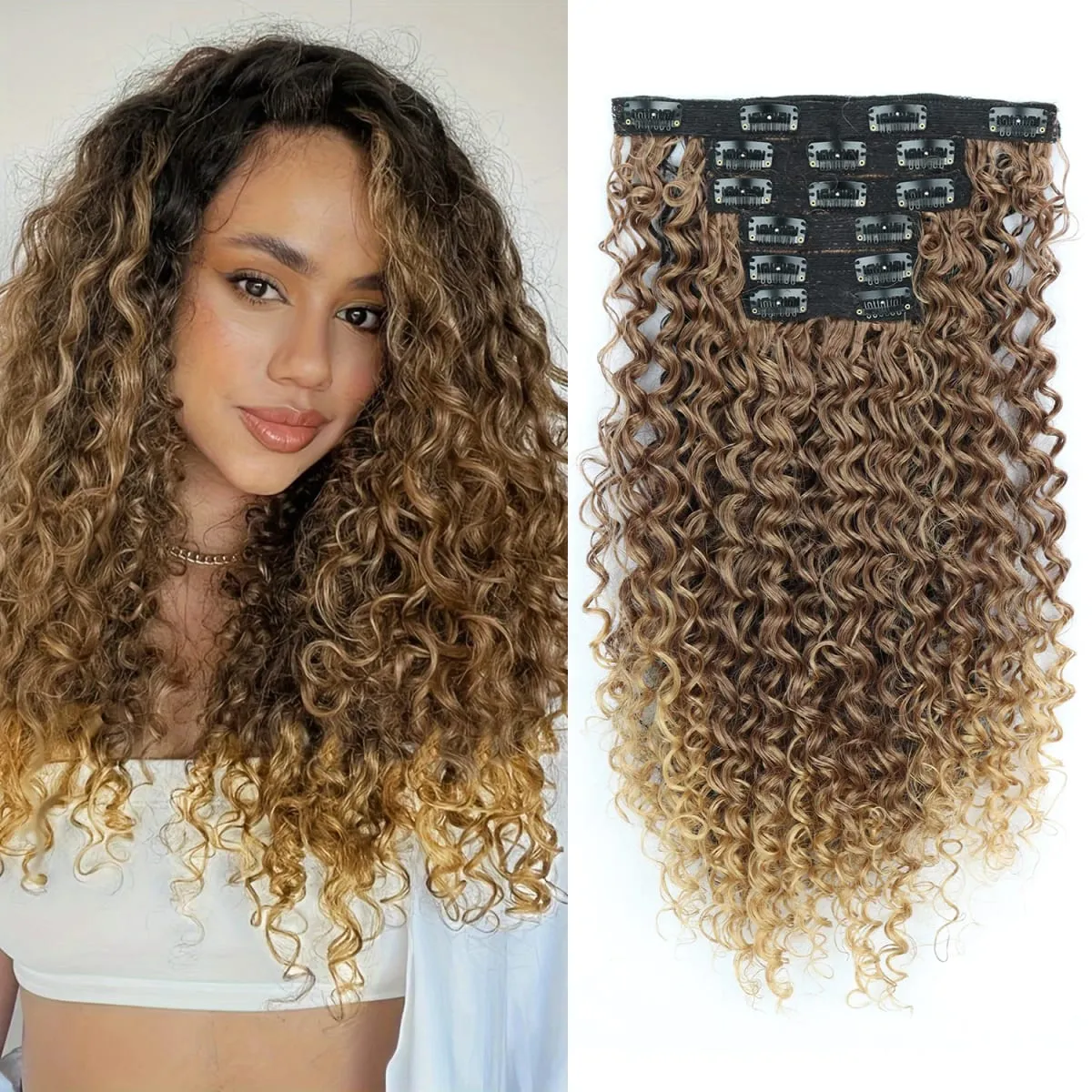 16 Clip In Hair Extensions Synthetic Kinky Curly Full Head Fake Pieces Brown Black Hair Extensions Suitable For Black Women