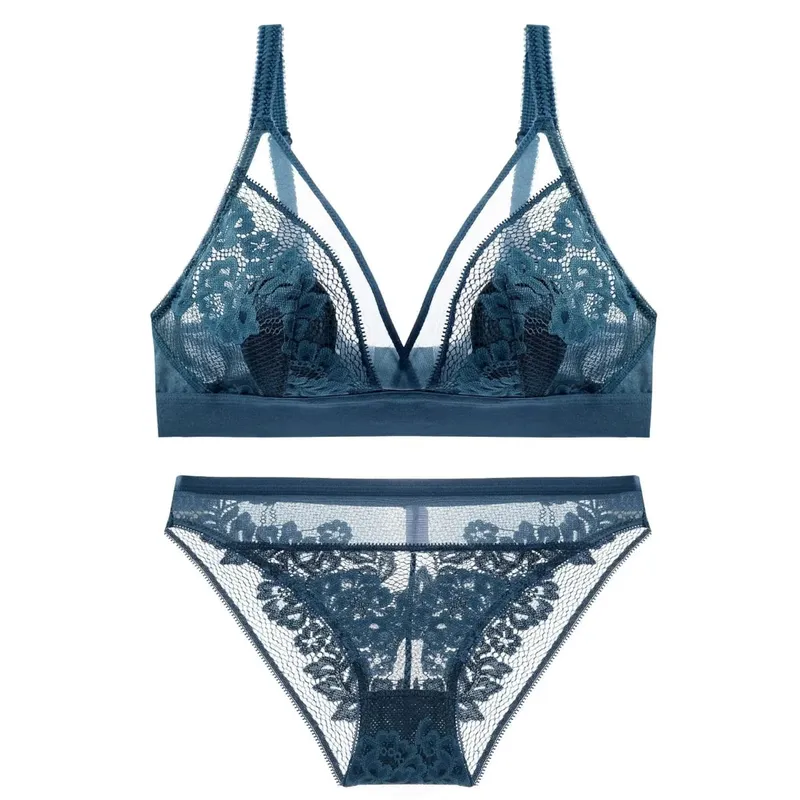 Women's Bra Set Sexy Breathable Lace Thin Gathered Push Up Underwear Large Size Wireless Soft Confort Lingerie Set
