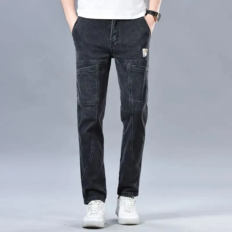 6 Pockets Slim Straight Jeans Men's 2025 Autumn New Elastic Business Casual Denim Pants Comfortable Fashion Male Trousers