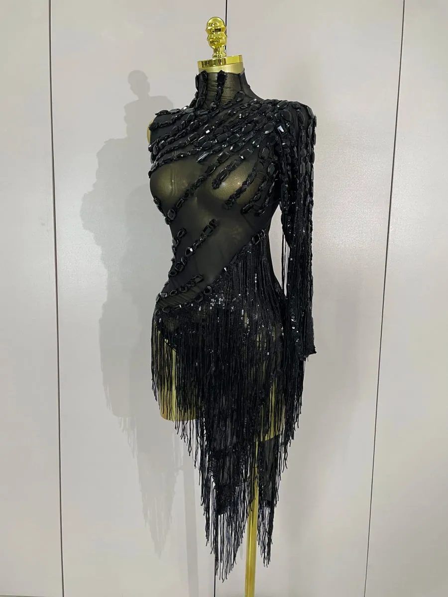 New Sparkly Rhinestones Tassel Sexy See-Through Dress Women One Shoulder Latin Dance Outfits Bars Nightclub Party Stage Costume