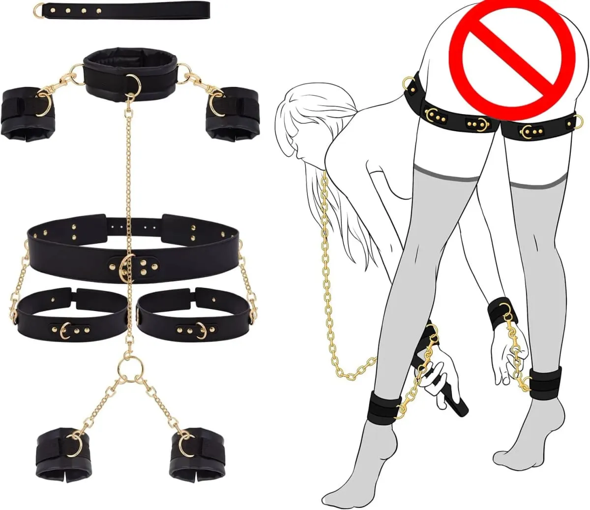 Sex Bondage BDSM Kit Restraints Neck to Wrist SM Adjustable Handcuffs Ankle Thigh Cuff Cross Waist Strap Traction Chain Collar — image 1