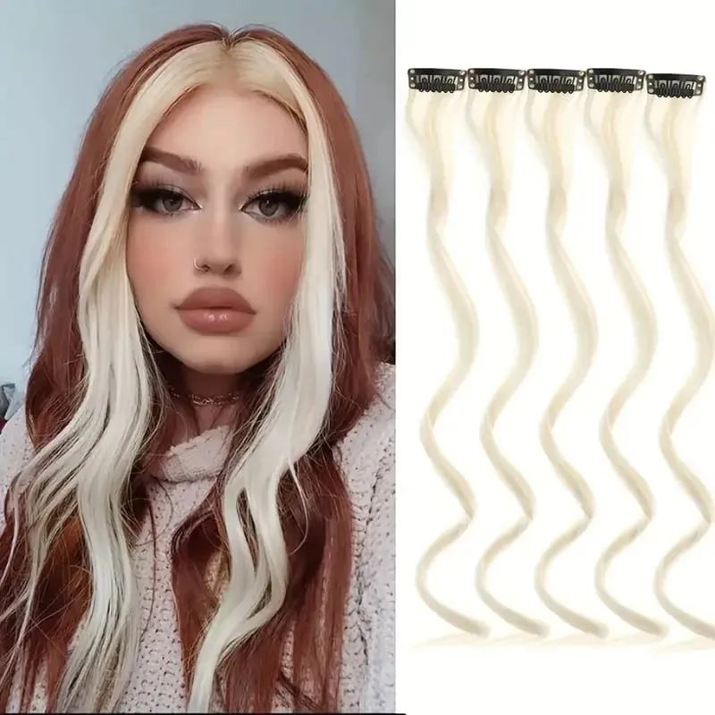 5Pcs Colored Hair Extensions Party Highlights Curly Wavy Hairpiece Clip In Synthetic Streak For Girls Women Halloween Wig