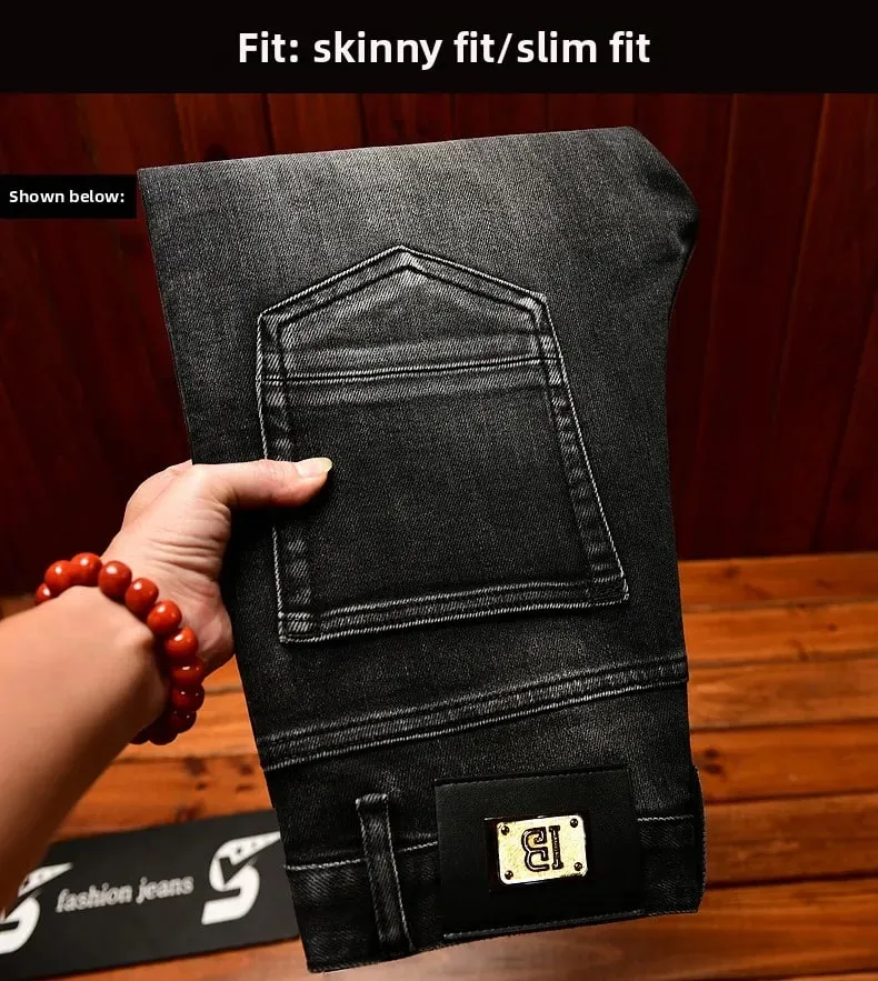 Design de decoração de metal preto jeans masculino na moda rasgado moda retro nostálgico rua magro ajuste calças magras — image 9