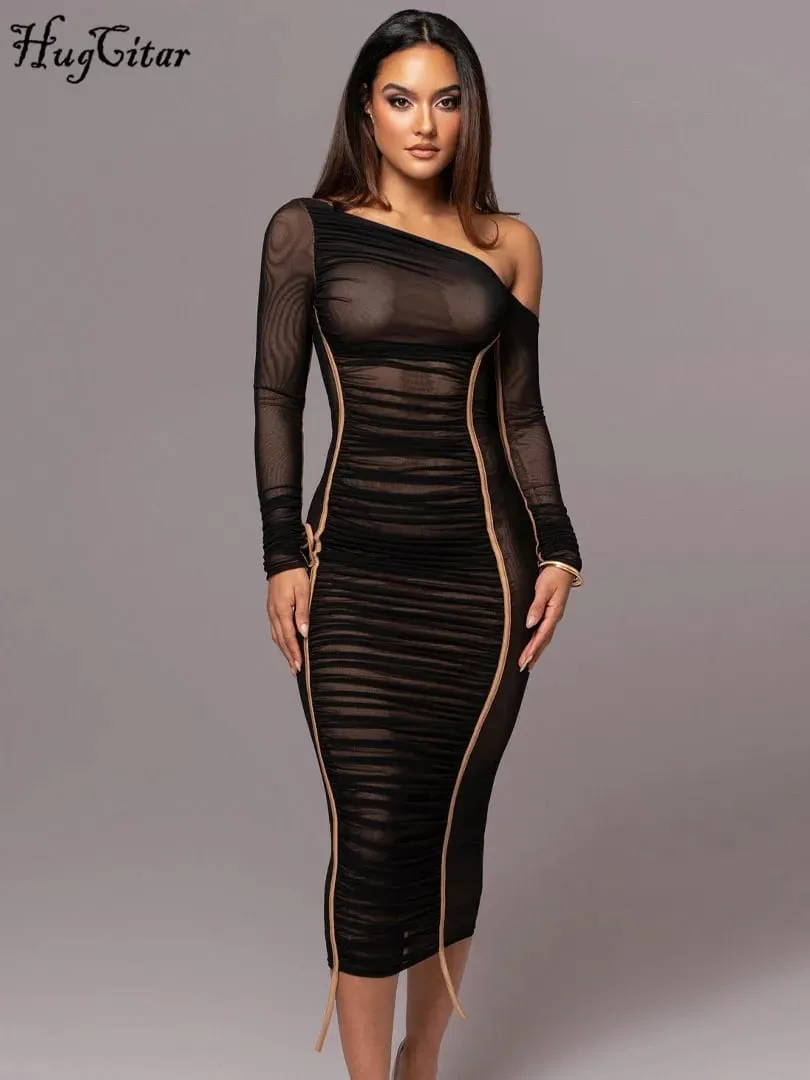 Hugcitar Mesh Pevný Diagonální límec Dlouhý rukáv Přehozený Sexy průsvitné bodycon Maxi šaty Letní móda Oblečení Festival Club