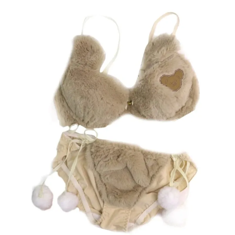 Lingerie invernale da donna con motivo panda a cartoni animati, reggiseno e mutandine in peluche peloso, biancheria intima per cosplay di anime giapponesi, scolaretta