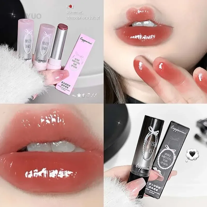 Pink Crystal Mirror Glass Solid Lip Gloss Round Tube Water Light Lipstick Clear Jelly Lip Glaze Nude Brown Moisturizing Lip Tint