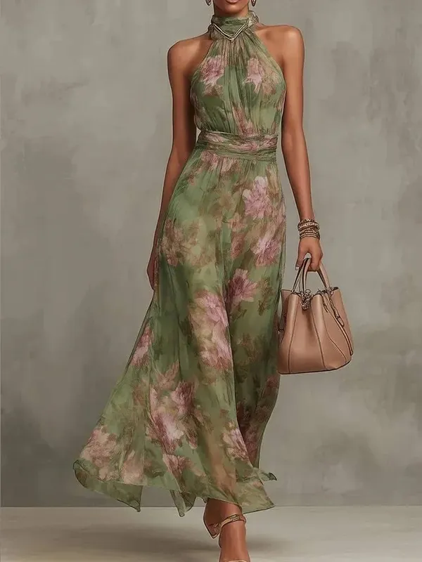 Organza Floral Printed Maxi Dress Fashion V-neck Puff Sleeve 2026 Spring/summer Romantic Women Party Gown Elegant Lady Vestidos