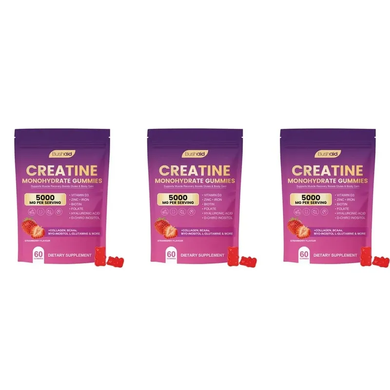 BushAid Creatine Monohydrate Gummies for Post-Workout Muscle Recovery with Multi-Collagen Blend BCAA and Zinc 60 Gummies
