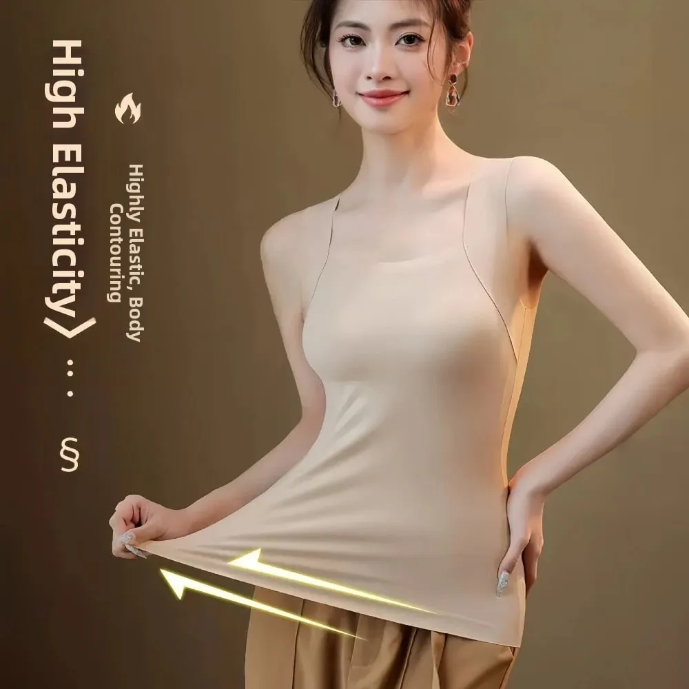 Built-in Bra Seamless Camisole Fixed Cup Solid Color Thermal Vest Stretchy U Neck Bottoming Underwear Multi-layer Wear