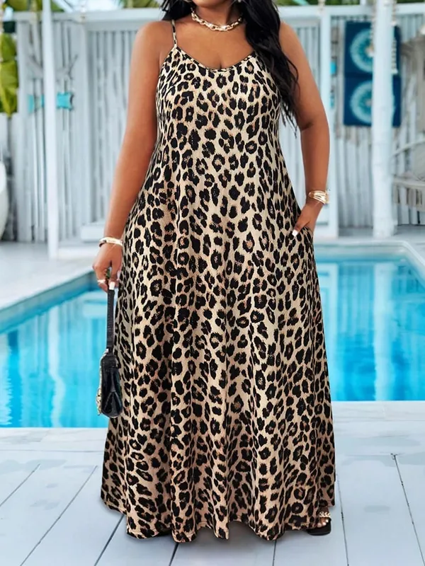 Plus Size Leopard Print Spaghetti Strap Maxi Dress Casual Beach & Vacation Wear Trend Summer Fashion for Women