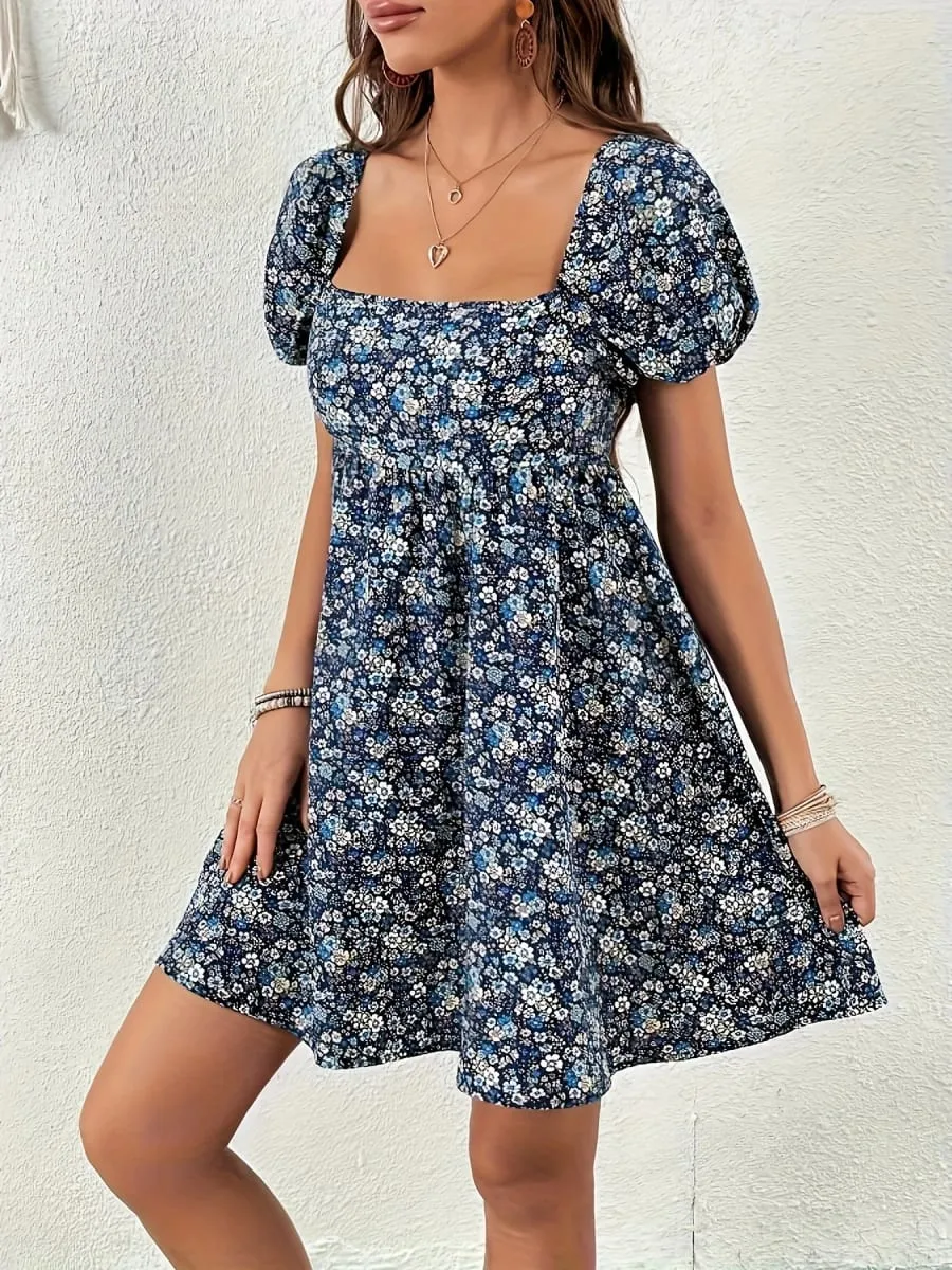 Summer Women Elegant Floral Print Dress Vacation Vintage Casual Sweet Square Collar Puff Sleeve Dresses