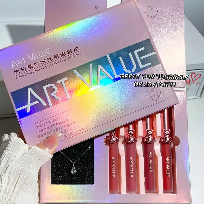 ART VALUE 4Pcs Lipgloss Liquid Lipstick Lasting Moisturizing Makeup Mirror Lip Glaze Set With Necklace Lip Tint Beauty Makeup — image 3