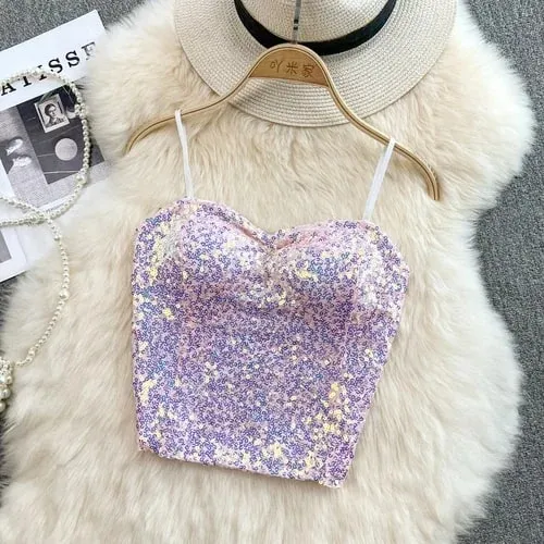 Sexy Sequin Party spaghetti Croset Bustier backless Slim Tanks and Camis Strap Glitter Crop Top Fashion Summer Women Clothes Y2k