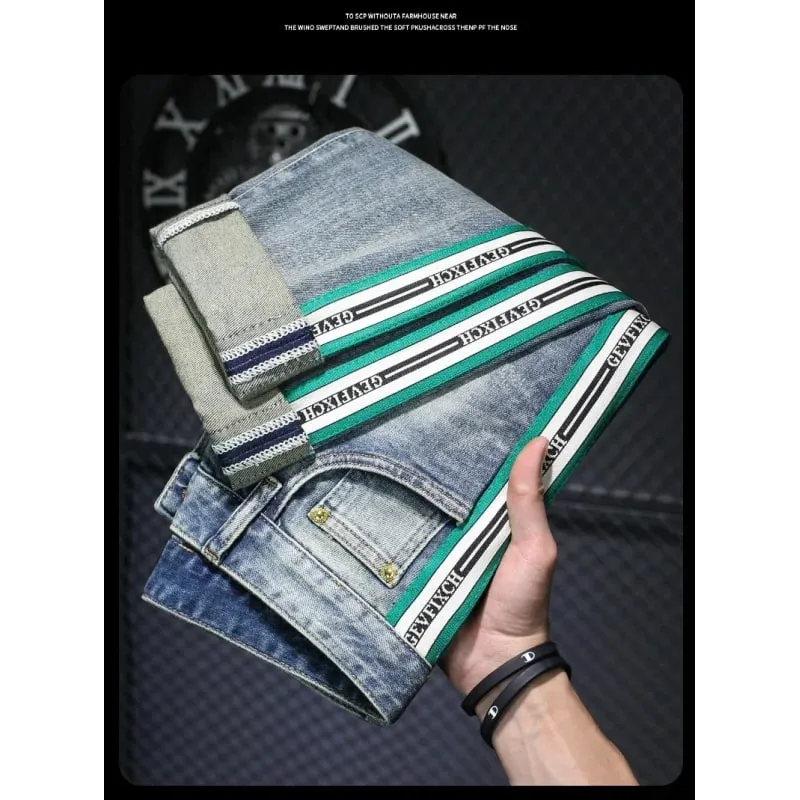 High-End Light Luxury Men's Blue Striped Jeans Men's 2024 Spring Street Versatile Slim Fit Skinny Ripped Trousers