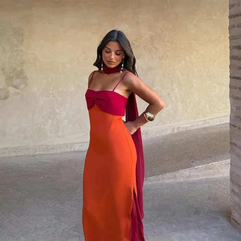 Color Blocking Scarf Collar Suspender Women Maxi Dress Spaghetti Strap High Split Floor Length Evening Dresses Lady Party Robes